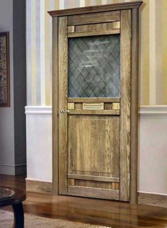 A unique wooden door in a living room.