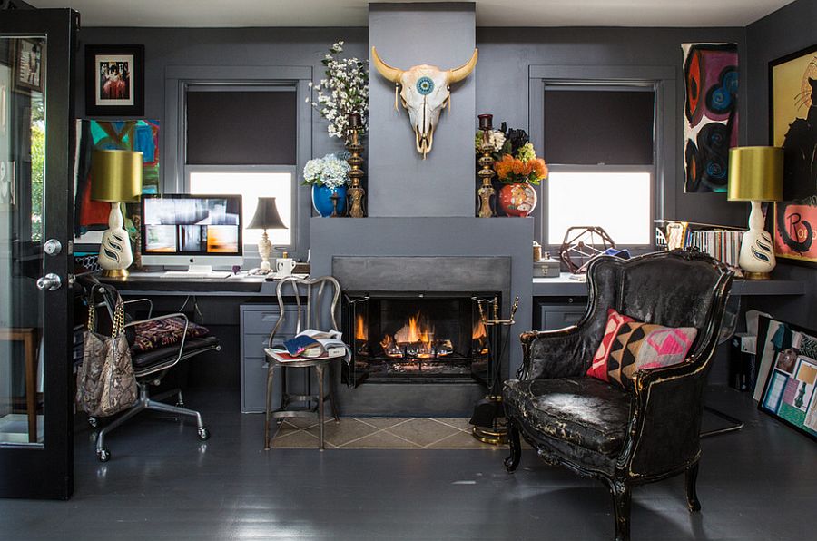 Eclectic home office with a fireplace.
