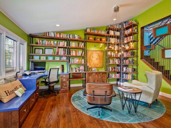 Eclectic home office with green walls.