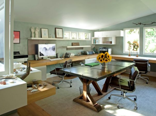 Interesting natural accents and plenty of shelving in this home office