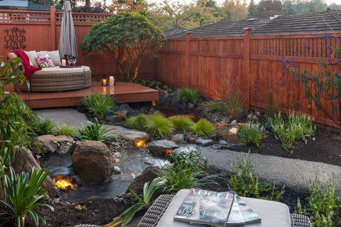 A water feature enhances the backyard space