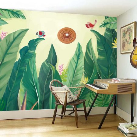 A room with a tropical wall mural.