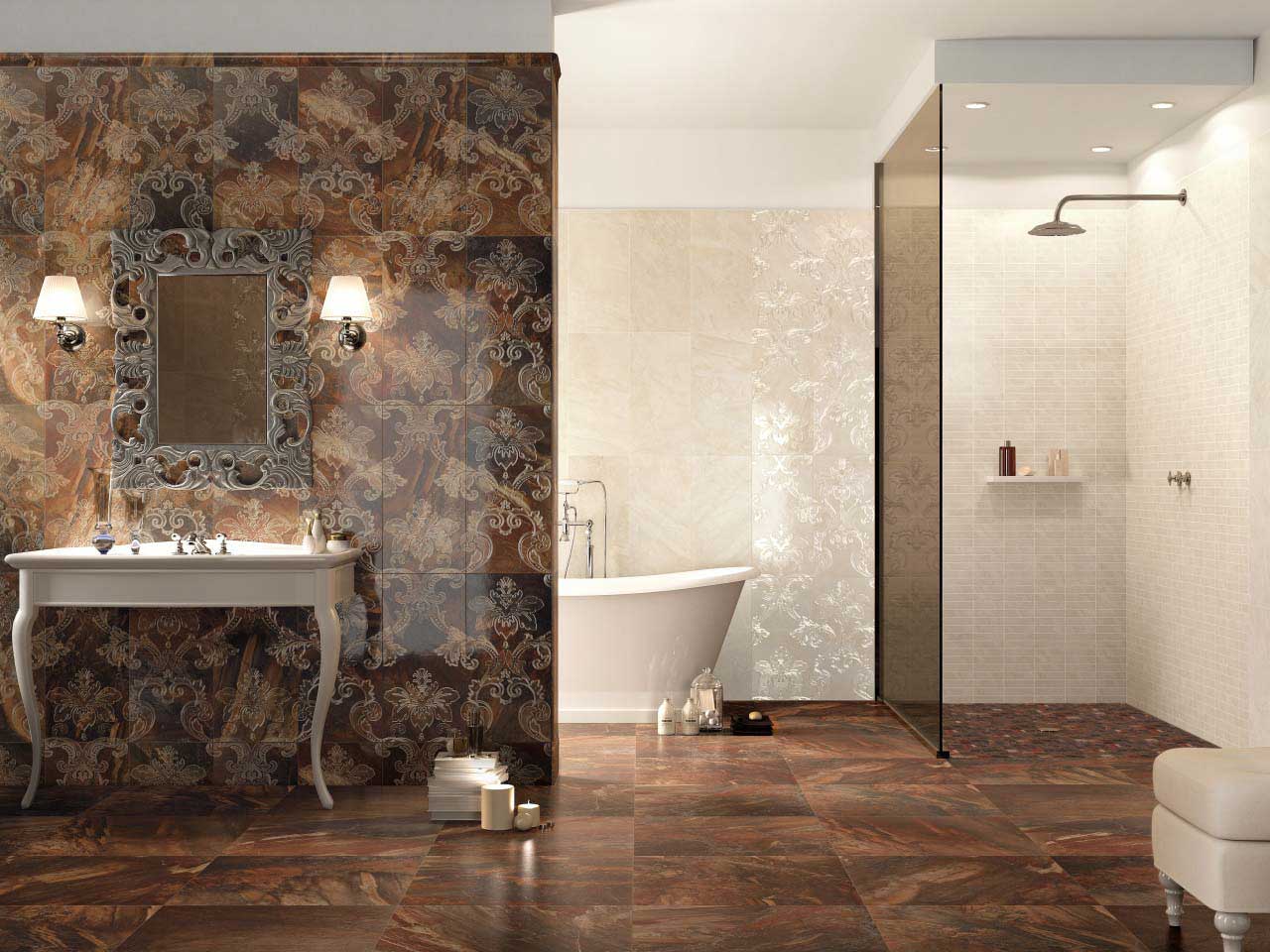 A bathroom with beautiful tiled walls and a bathtub.