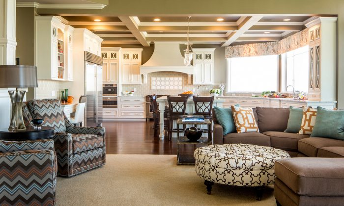 A family room with a couch and a coffee table.