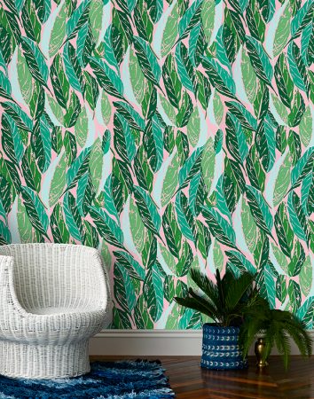 A tropics-inspired wallpaper featuring a chair in a room.