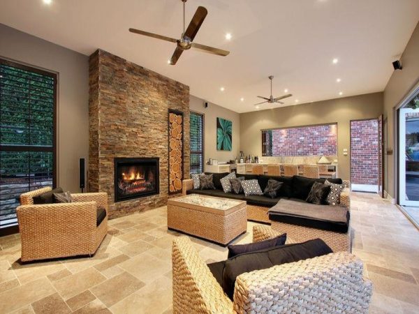 A family room with a fireplace.