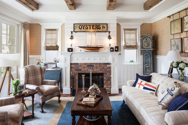 A Cape Cod living room decorated in a nautical style.