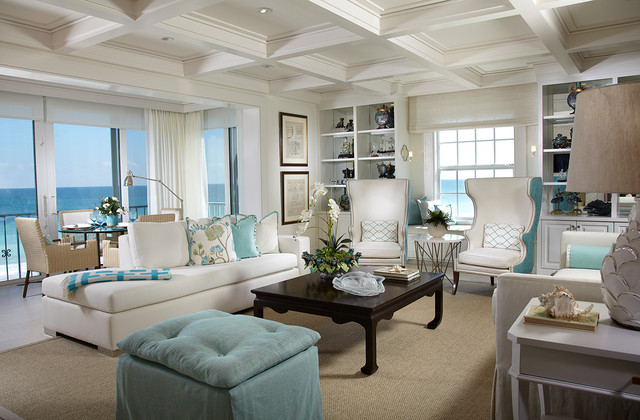 A Cape Cod living room with a view of the ocean.