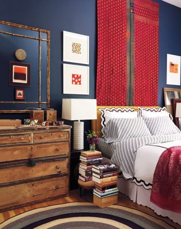 A striking red, white and blue bedroom