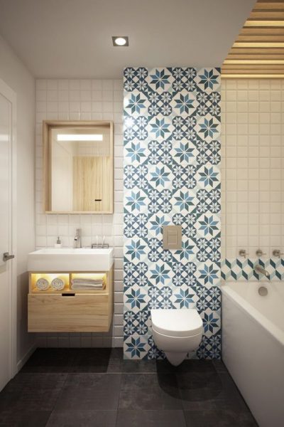 Patterned tile takes all the attention in this bathroom