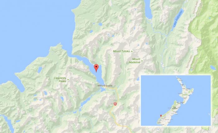 A map of New Zealand showing the location of the crash near Milford Sound.