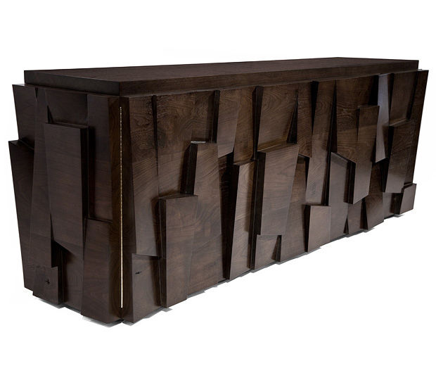 A sideboard with a geometric design made of wood, featuring faceted interior design.