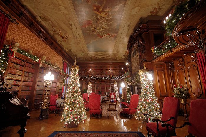 A Christmas tree in a Biltmore Estate library.