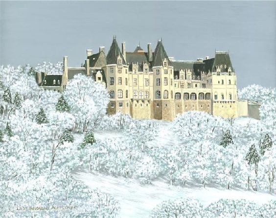 A painting of the Biltmore Estate in the snow.
