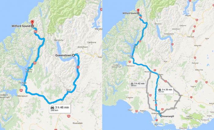 A map displaying the route of a road trip to Milford Sound in New Zealand.