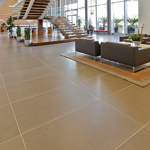 A large lobby with stunning flooring.