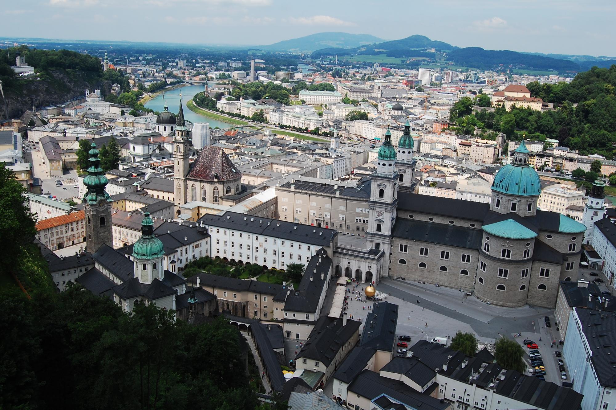 A view of the city of Salzburg in Austria from the top of a hill.