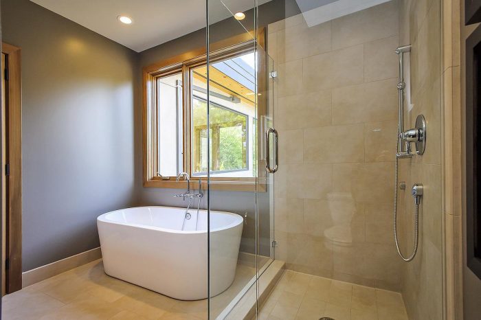 A prefabricated modern home with a glass shower and tub.