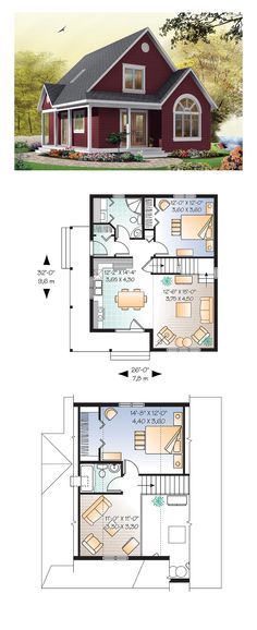 Small house plan with two bedrooms and two bathrooms.