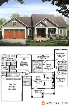 A small house plan with a two car garage.