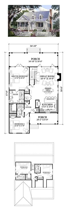 Small house plans with a porch and garage.