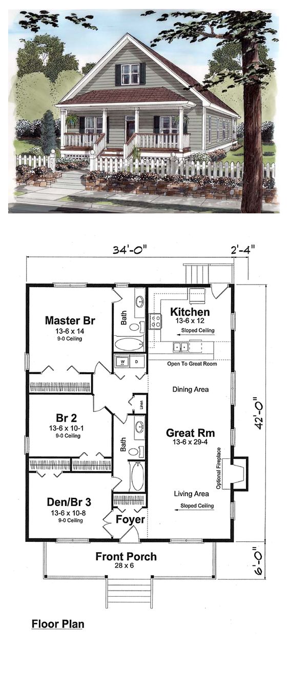 A small house plan with two bedrooms and two bathrooms.