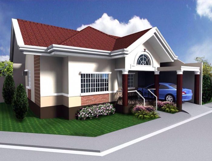 A 3D rendering of a small house with a car parked in front.
