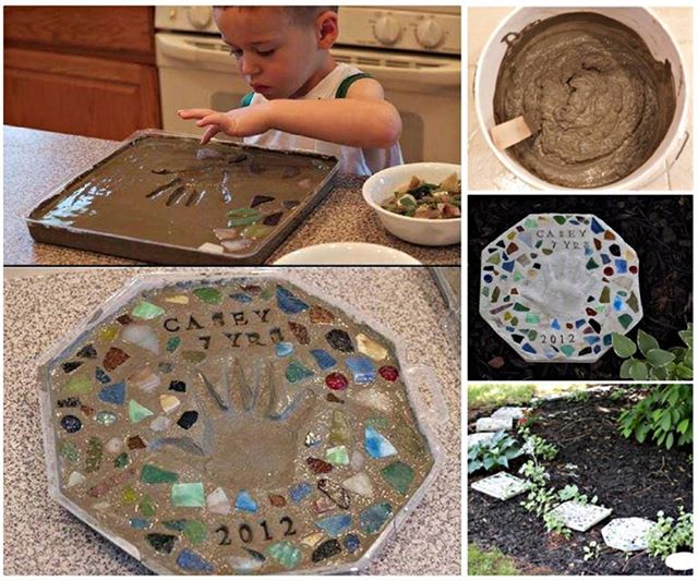 A DIY mosaic project featuring a boy creating a collage using concrete.