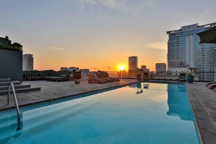A rooftop pool with lounge chairs and a view of the city in Johnny Depp's Penthouse.