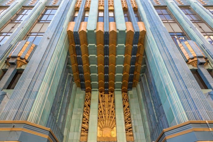 A Johnny Depp's Penthouse featuring art deco blue and gold decorations.