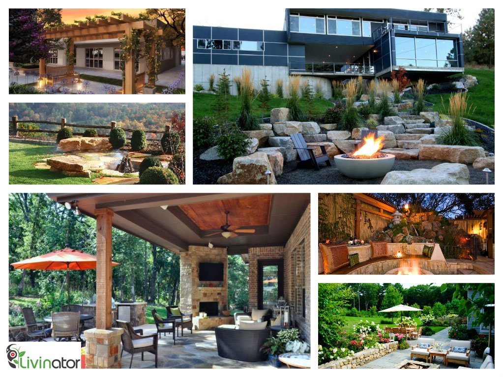 A montage of outdoor patios and fire pits with fireplaces.