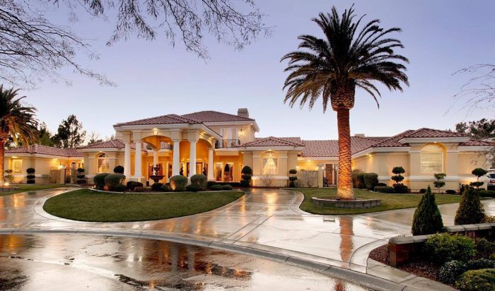 A luxurious mansion with palm trees and a driveway.