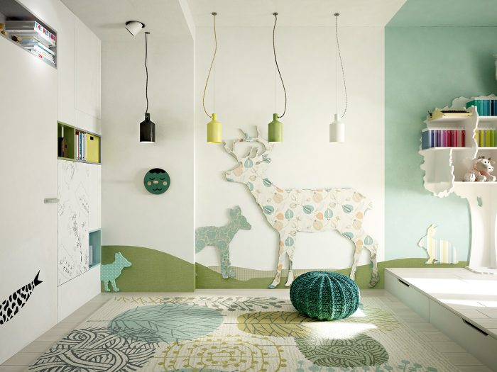 A green and white room decorated for a child with a deer on the wall.