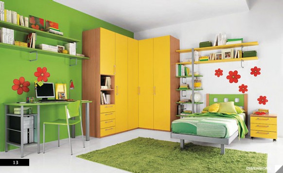 A child's bedroom with a bed and a desk in green and yellow shades.