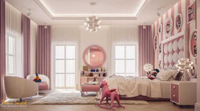 A child's bedroom with pink and white decor.