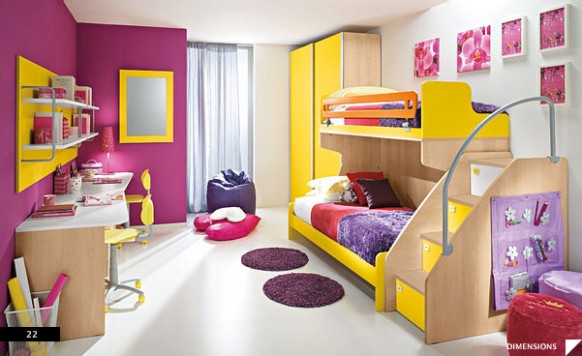 A child's bedroom with a yellow and pink color scheme.