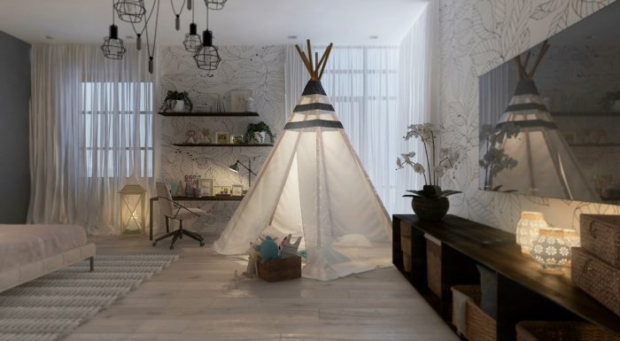 A child's room with a teepee and a bed.