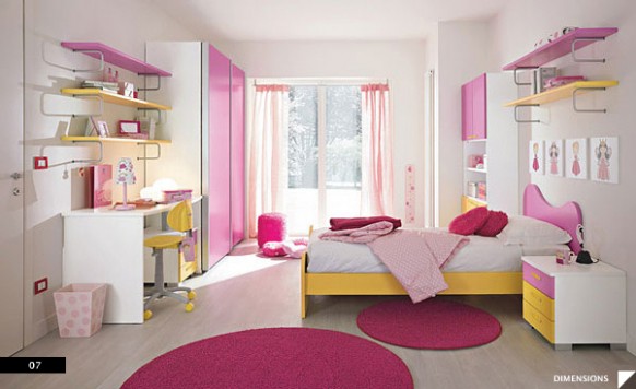 A child's bedroom with pink and yellow accents.