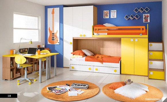 A child's room with a vibrant color scheme.