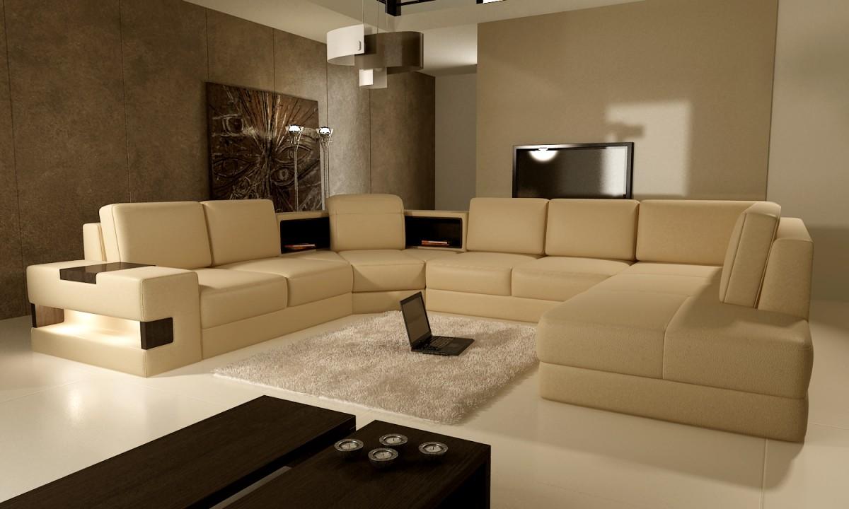 A modern living room with a beige sectional sofa and textured wall treatments.