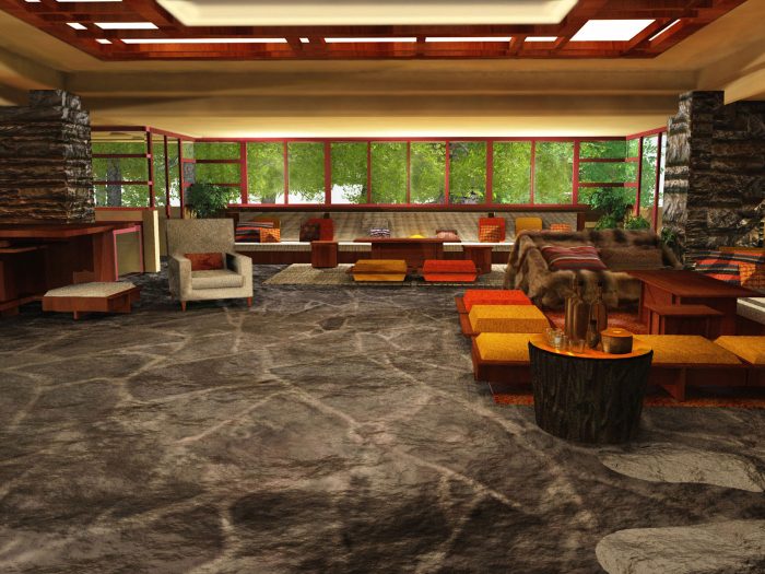 A stone floor inspired by Frank Lloyd Wright in a living room.