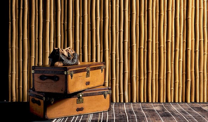 A pair of suitcases on a wooden floor in front of a textured bamboo wall.