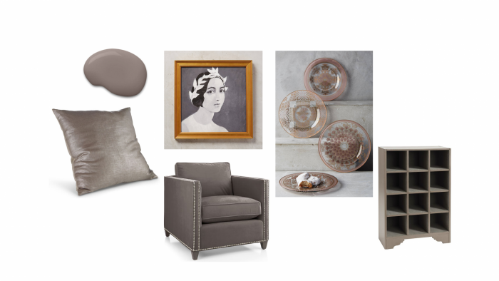 A collage featuring a chair, a vase, and a picture with hints of poised taupe.