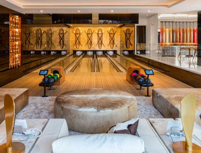 A luxurious bowling alley in a stunning living room at 924 Bel Air Rd.