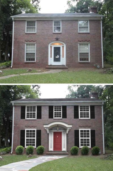 Before and after pictures of a brick house with a red door, showcasing its improved curb appeal.