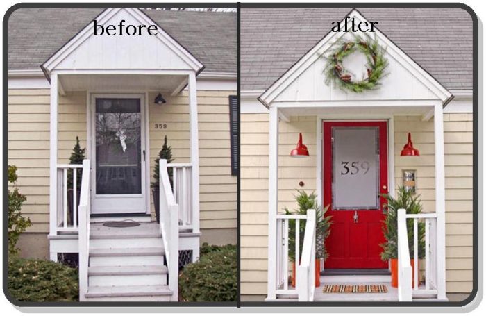 Before and after pictures showcasing the enhanced curb appeal of a front door.