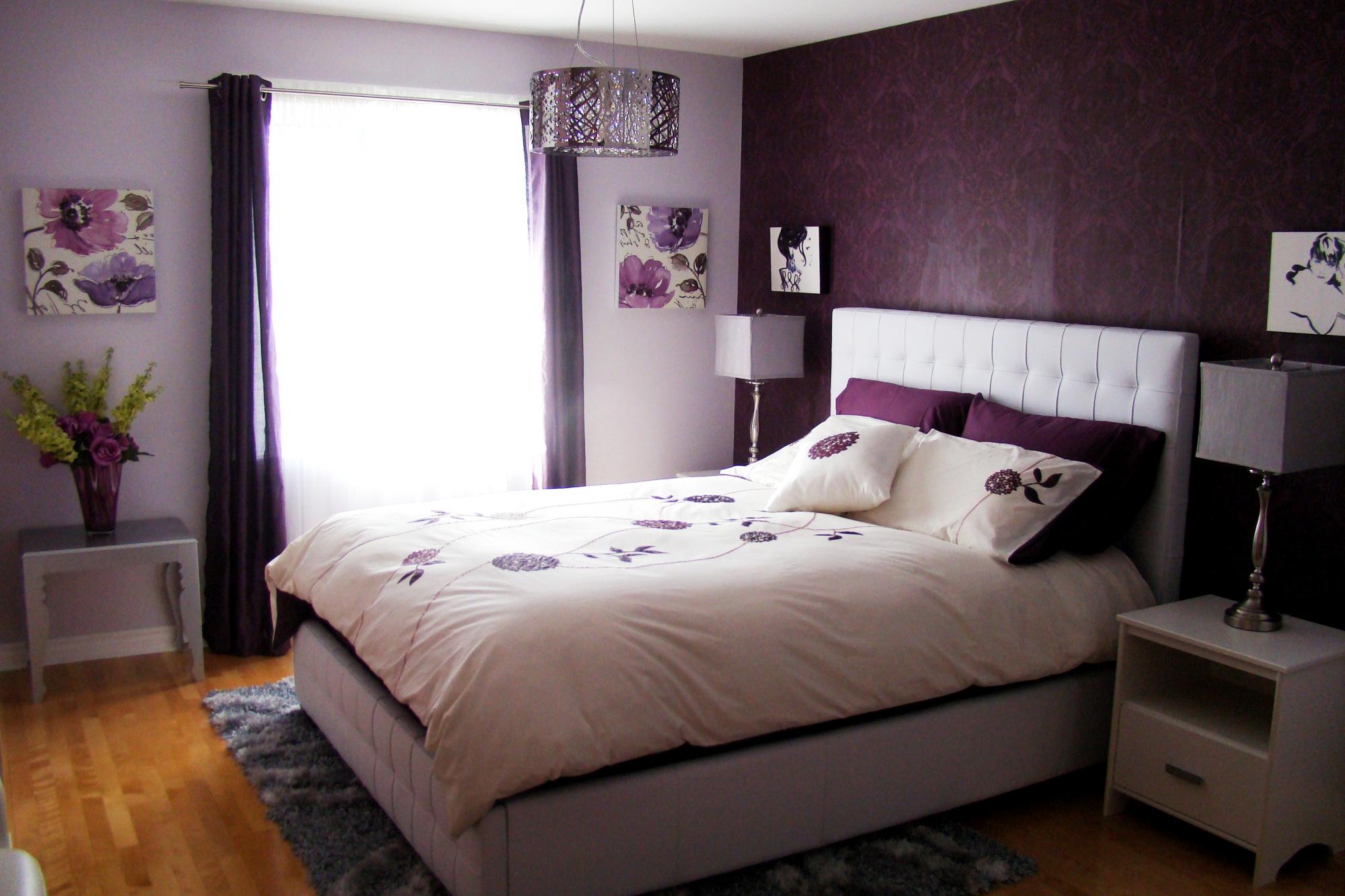 Top Ways to Decorate Your Bedroom Beautifully with purple walls and a white bed.