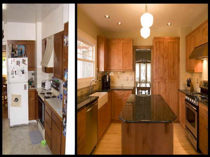 Before and after pictures of a small kitchen with wood cabinets.