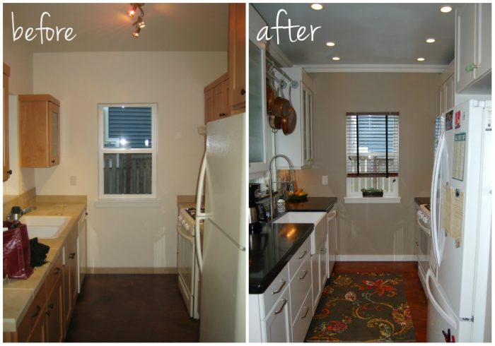 Before and after pictures of a small kitchen.