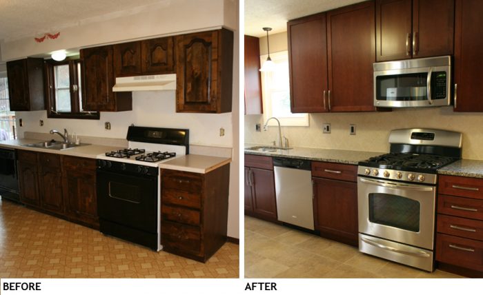 Fresh cabinets and appliances upgrade this small kitchen.